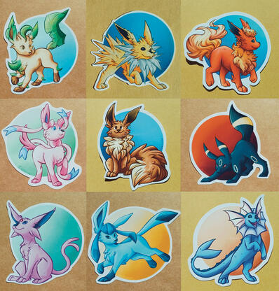 Eeveelutions - set 35 zł - single 6 zł - regular sticker paper, 6 to 10 cm
